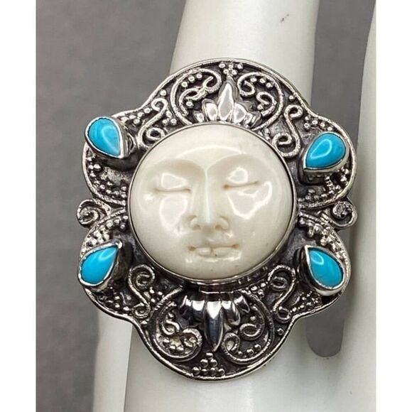 NWT STS Signed 925SS Carved Bone & Sleeping Turquoise Goddess Ring Sz 8/8.5 - Picture 1 of 12